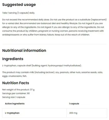 OstroVit Tryptophan 300 мг Vege Триптофан - 90 капсули, 90 дози