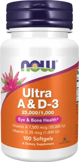 NOW Foods Ultra A & D-3 Vitamin A 25.000 & Vitamin D 1000 IU Витамин А + Витамин Д3 - 100 гел капсули, 100 дози