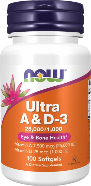 NOW Foods Ultra A & D-3 Vitamin A 25.000 & Vitamin D 1000 IU Витамин А + Витамин Д3 - 100 гел капсули, 100 дози