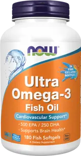 NOW Foods Ultra Omega 3 Fish Gelatin Softgels Висококонцентрирано Рибено Масло - 180 гел капсули, 180 дози