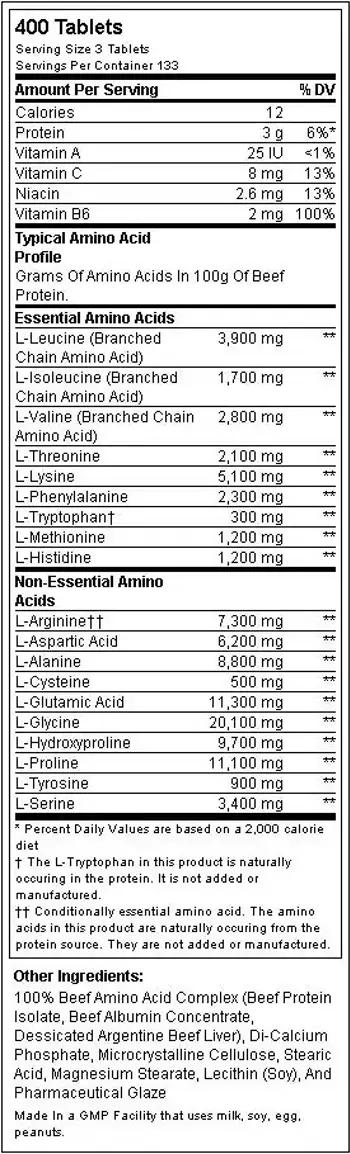 UNIVERSAL 100% Beef Aminos Телешки Аминокиселини - 400 таблетки, 133 дози