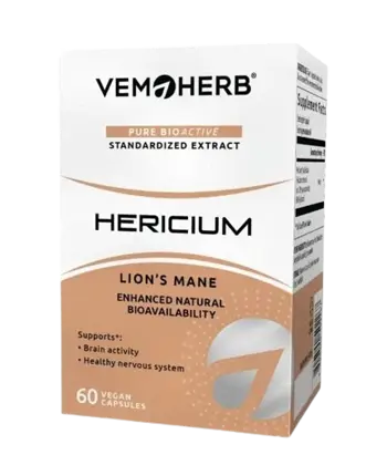 VEMOHERB Hericium 650 мг Екстракт от Лъвска Грива - 60 веге капсули, 60 дози