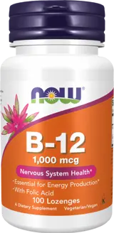 NOW Foods Vitamin B-12 1000 мкг with Folic Acid Витамин Б-12 с Фолиева Киселина на Подезични Таблетки