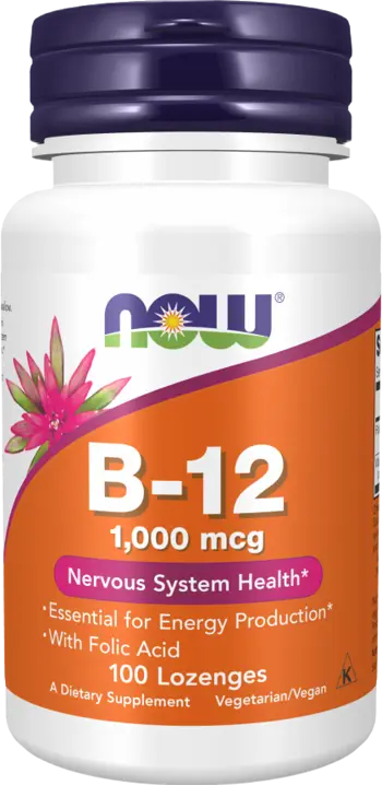 NOW Foods Vitamin B-12 1000 мкг with Folic Acid Витамин Б-12 с Фолиева Киселина на Подезични Таблетки