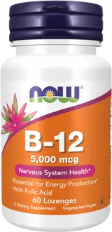 NOW Foods Vitamin B-12 5000 мкг with Folic Acid Витамин Б-12 с Фолиева Киселина - 60 подезични таблетки, 60 дози
