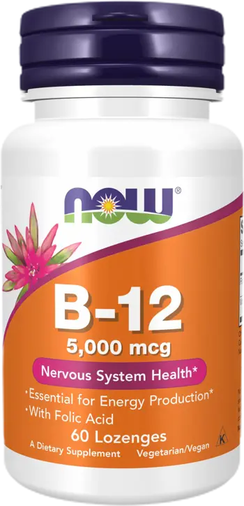 NOW Foods Vitamin B-12 5000 мкг with Folic Acid Витамин Б-12 с Фолиева Киселина - 60 подезични таблетки, 60 дози