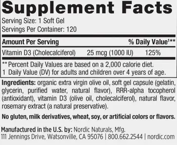Nordic Naturals Vitamin D3 1000 IU В подкрепа на костите, настроението и имунитета х 120 Гел капсули