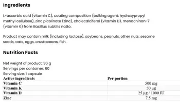 OstroVit Vitamin D3 2000 + K2 MK-7 + Vitamin C + Zinc Витамин D3 и K2 + Витамин C - 60 капсули, 60 дози