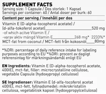 SWEDISH Supplements Vitamin E 400 IU with MCT Oil Витамин E - 60 капсули, 60 дози