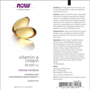 NOW Foods Vitamin E Cream 28,000 IU Крем за Кожа с Витамин E - 118 мл