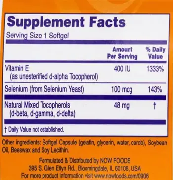 NOW Foods Vitamin E-400 + Selenium Витамин E + Селен - 100 гел капсули, 100 дози
