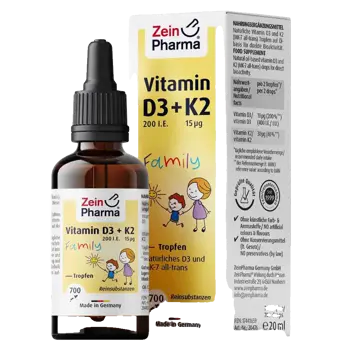 ZEINpharma Витамини Д3 200 IU + К2 15 μg Капки – За здрави кости и имунитет 20 мл