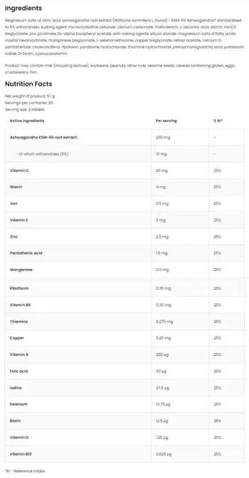 OstroVit Vit&Min + Ashwagandha Multivitamin Formula + KSM-66® Ашваганда KSM-66 - 120 таблетки, 60 дози