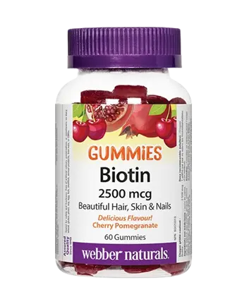 Webber Naturals Biotin Gummies 2500 мкг Коса, Кожа, Нокти Биотин - 60 желирани бонбони, 60 дози