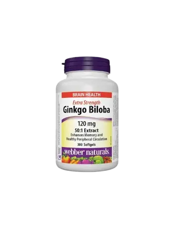 Webber Naturals Гинко Билоба 120 мг Памет, Концентрация и Кръвообращение, Висококонцентрирана Формула - 300 софтгел капсули, 300 дози