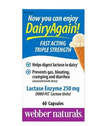 Webber Naturals Lactase Enzyme 250 мг Лактаза Ензим При Лактозна Непоносимост - 60 капсули, 60 дози