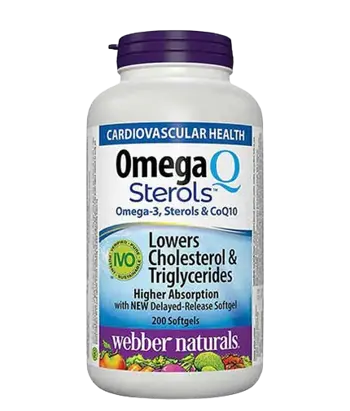 Webber Naturals Lowers Cholesterol Omega 3 and CoQ10 Oмега-3, Растителни Стероли и Коензим Q10 - 200 гел капсули със забавено освобождаване, 100 дози
