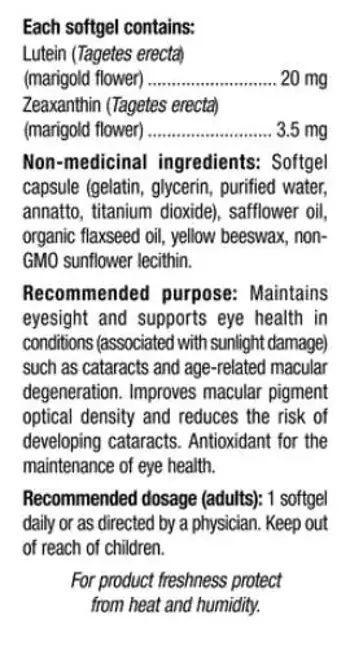 Webber Naturals Lutein 20 мг with Zeaxanthin 3.5 мг Extra Strength Очно Здраве Лутеин + Зеаксантин - 45 софтгел капсули, 45 дози