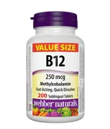 Webber Naturals Vitamin B12 250 мкг Methylcobalamin Витамин В12 Метилкобаламин - 200 сублингвални таблетки, 200 дози