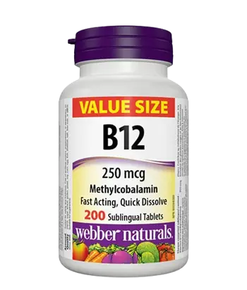 Webber Naturals Vitamin B12 250 мкг Methylcobalamin Витамин В12 Метилкобаламин - 200 сублингвални таблетки, 200 дози