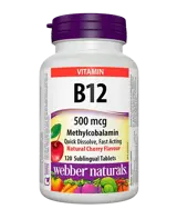 Webber Naturals Vitamin B12 500 мг Енергия, Нервна Система, Мозъчна Функция Витамин В12 - 120 сублингвални таблетки, 120 дози