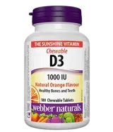 Webber Naturals Vitamin D3 1000 IU Chewable Здрави Кости и Зъби Витамин D3 1000 IU - 180 дъвчащи таблетки с вкус на портокал, 180 дози