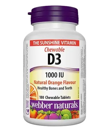 Webber Naturals Vitamin D3 1000 IU Chewable Здрави Кости и Зъби Витамин D3 1000 IU - 180 дъвчащи таблетки с вкус на портокал, 180 дози