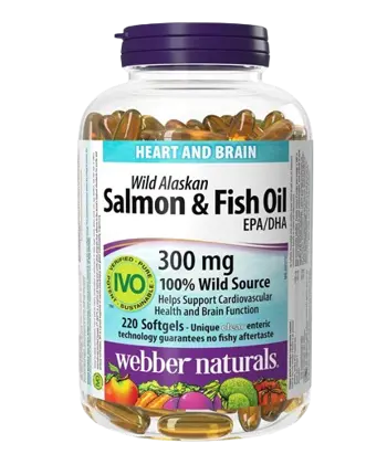 Webber Naturals Wild Alaskan Salmon & Fish Oil 1000 мг Сърдечна и Мозъчна Функция Дива Сьомга (масло) от Аляска + Рибено Масло - 220 софтгел капсули, 220 дози