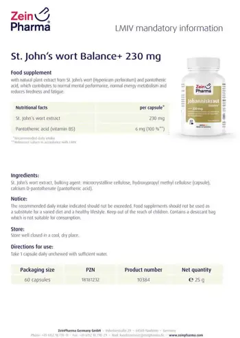 ZEINpharma Жълт Кантарион с Витамин Б5 Balance Подкрепа за нервната система х 60 капсули