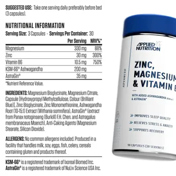 Applied Nutrition Zinc, Magnesium & Vitamin B6 | ZMA with KSM-66® Ashwagandha Extract 90 капсули
